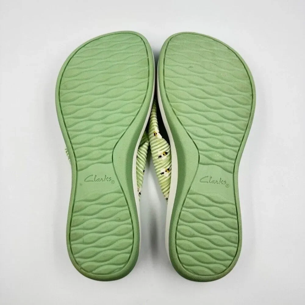 Clarks Cloudsteppers Drift Jaunt Women's 10 Green Daisy Strappy Wedge Flip Flops